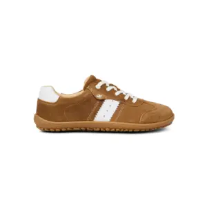 Koel ILA Suede 3.0 Beige women's barefoot leather sneakers side view with gum rubber sole and white stripe