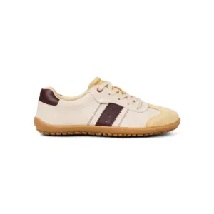 Koel ILA Suede Cream Bordo women's barefoot leather sneakers side view with gum rubber sole and bordo leather stripe