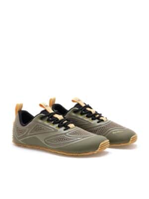 Pair of Be Lenka Trailtech Khaki Green barefoot trail shoes with zero drop sole and breathable mesh upper