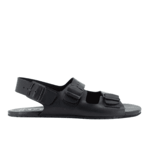 Mukishoes Nazare Black barefoot leather sandals profile view with natural rubber sole and metal buckles