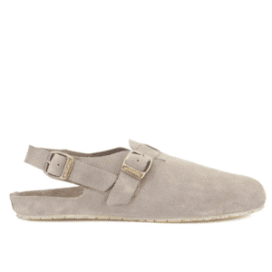 Mukishoes Soca grey suede barefoot clog profile view with natural rubber sole