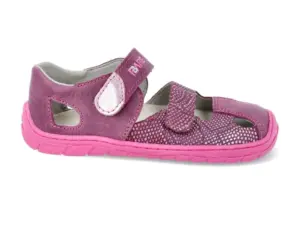 Fare Bare A5161191 Pink barefoot children's sandals side view with suede leather upper and glitter textile strap