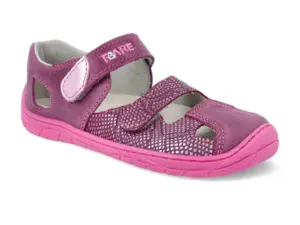 Fare Bare A5161191 Pink barefoot girls sandals side view with double velcro and glitter textile panel