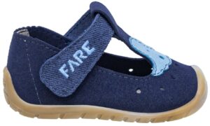 Fare First Economic Blue barefoot children's sandals side view with FARESOLE SOFT sole and velcro strap