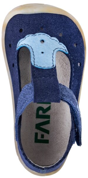 Top view of Fare First Economic Blue barefoot sandals showing wide toe box and textile insole