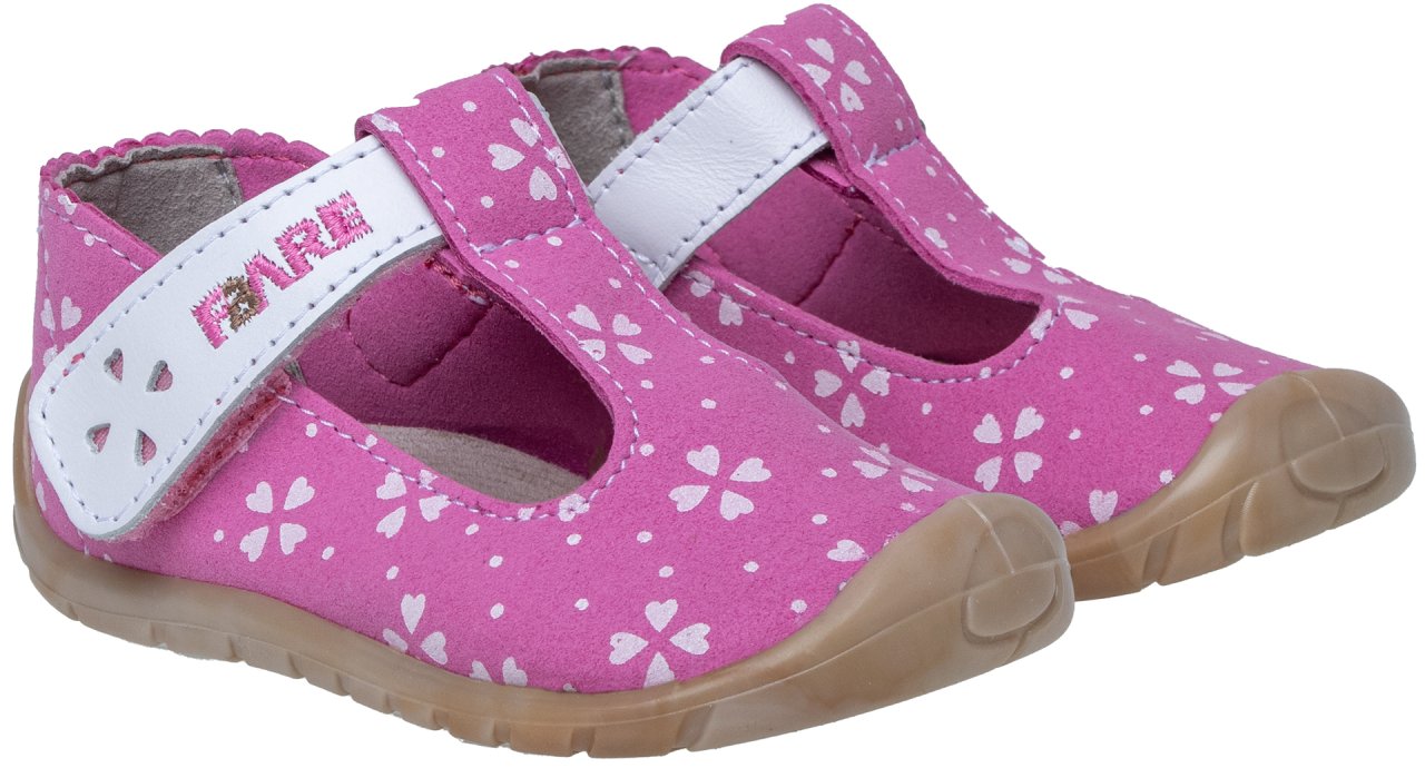 Pair of Fare First Economic Pink barefoot girls sandals with printed suede leather upper and flexible sole