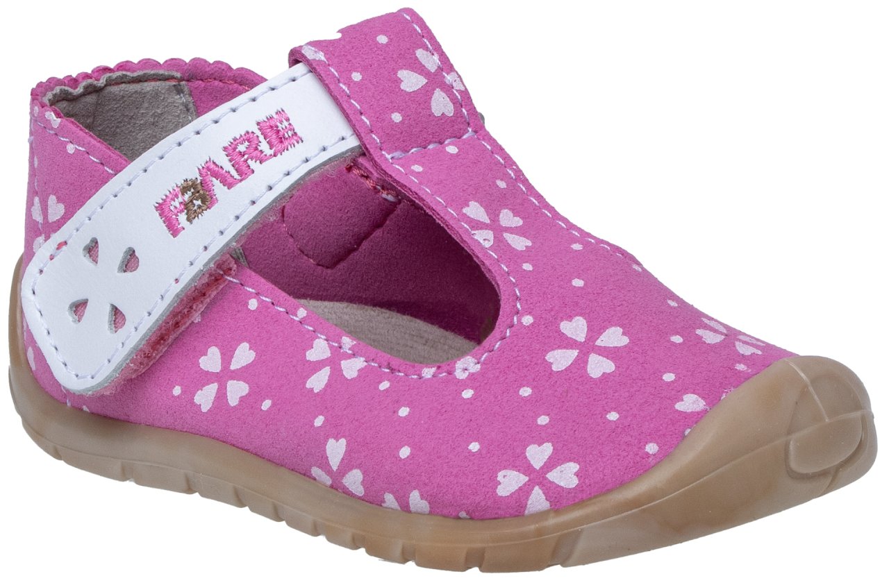 Front view of Fare First Economic Pink barefoot children's sandals with velcro strap and wide toe box