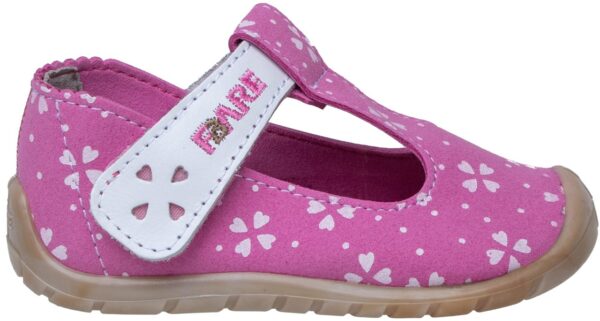 Fare First Economic Pink barefoot children's sandals side view with printed suede leather and FARESOLE SOFT sole