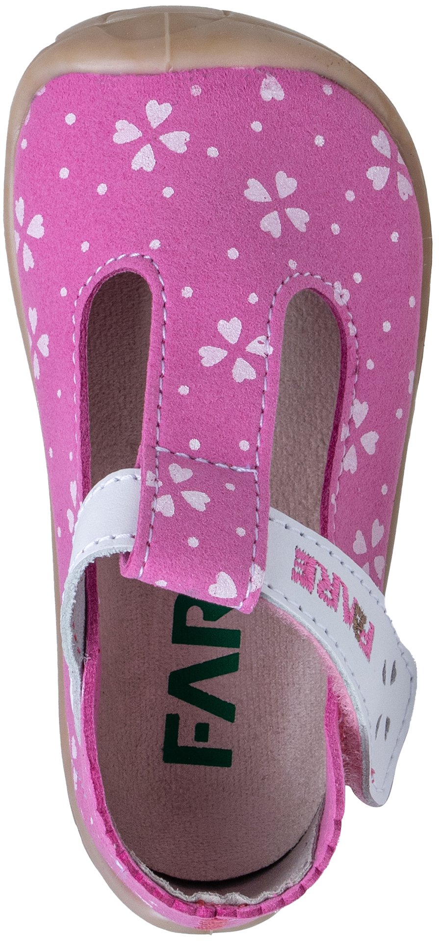 Top view of Fare First Economic Pink barefoot girls sandals showing wide toe box and heart flower print