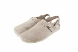 Pair of Mukishoes Soca grey suede barefoot clogs handcrafted in Portugal