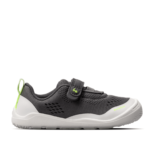 Be Lenka Nubo Preschool Grey barefoot toddler sneakers side view with breathable mesh upper and white MotionGrip Preschool sole
