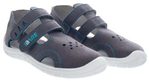 Pair of Fare Bare Economic Grey Teal barefoot children's summer sandals with double velcro and teal accent stitching