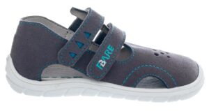 Fare Bare Economic Grey Teal barefoot children's sandals side view with suede leather upper and flexible white sole