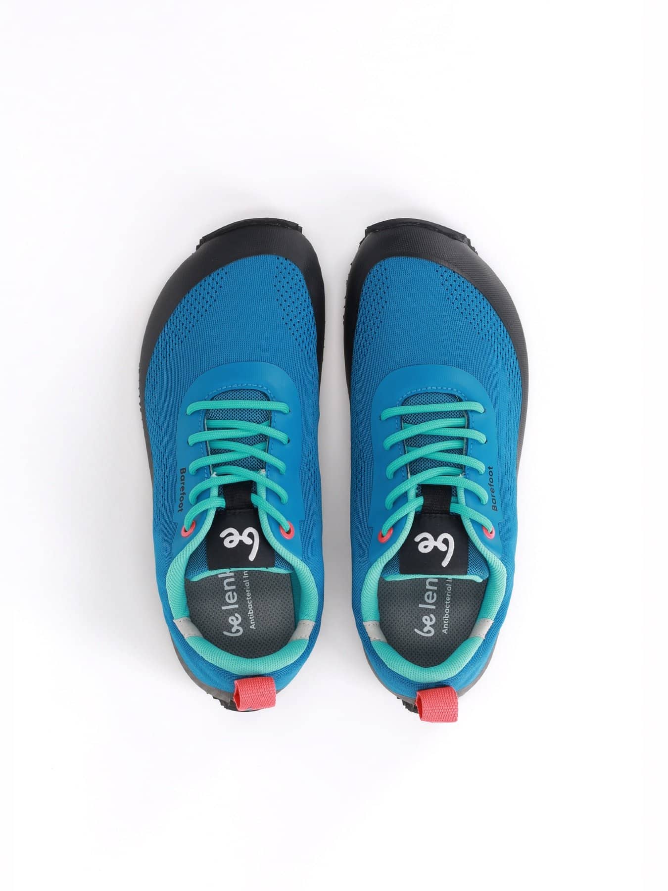 Top view showing the wide anatomical toe box of blue minimalist hiking