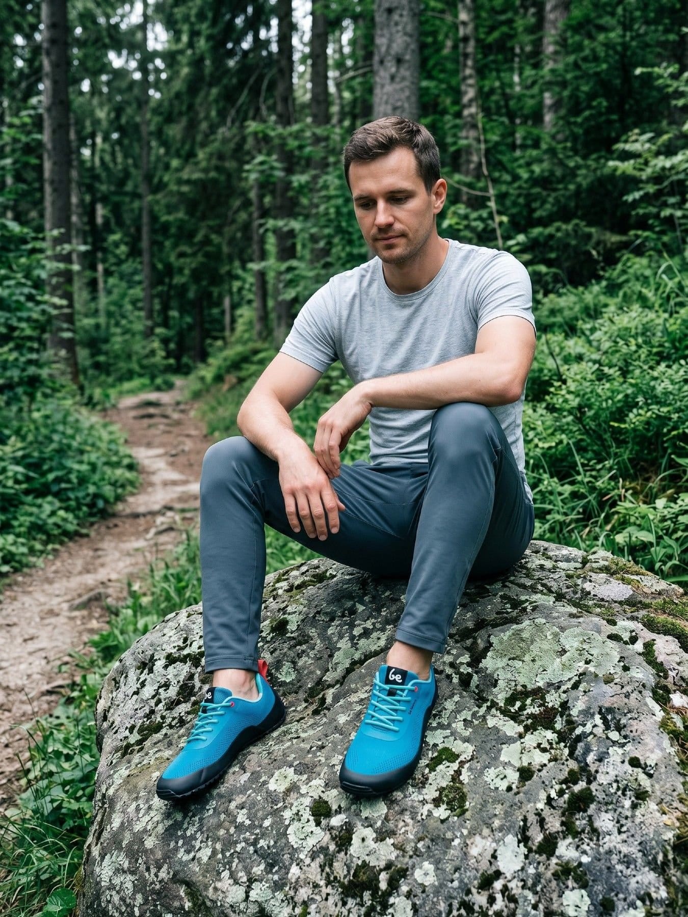 Person trail running outdoors wearing vibrant blue barefoot trainers