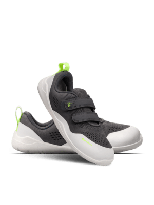 Pair of Be Lenka Nubo Kids Grey barefoot children's sneakers with double velcro and neon yellow pull tab