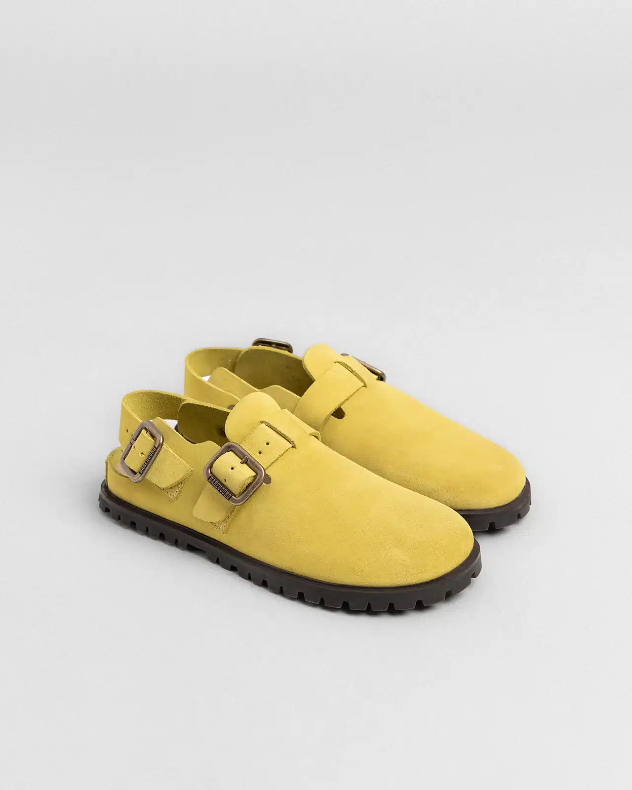 Barebound IKAROS II Vintage Olive barefoot clog detail view of waterproof suede upper