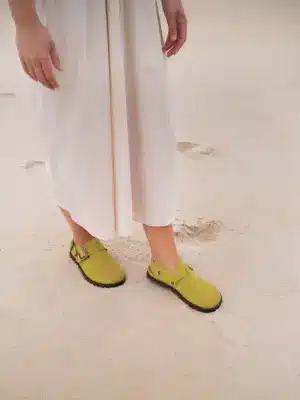 Barebound IKAROS II Vintage Olive barefoot clog lifestyle photo styled with casual outfit