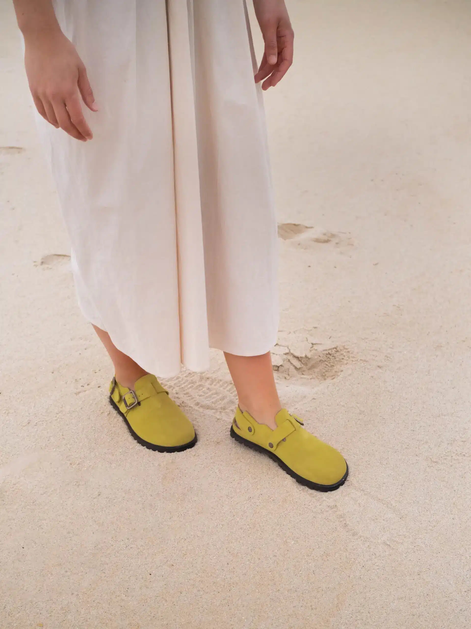 Barebound IKAROS II Vintage Olive barefoot clog lifestyle photo styled with casual outfit