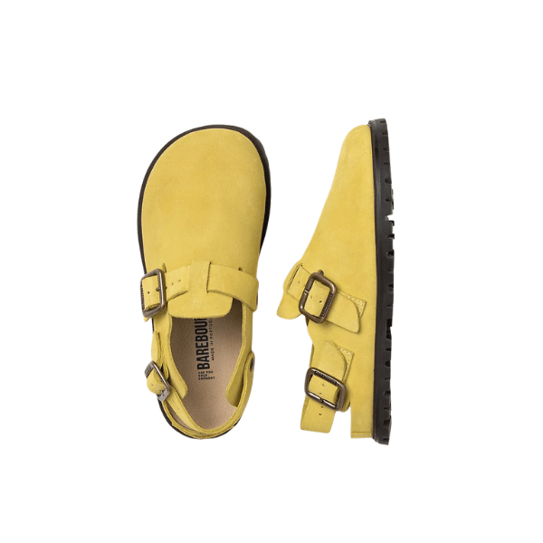Barebound IKAROS II Vintage Olive barefoot clog showing wide toe box and leather insole