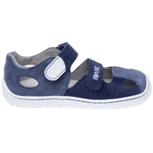 are Bare Tripolis Blue barefoot kids summer shoes side view with genuine leather upper and FARESOLE SENSE sole