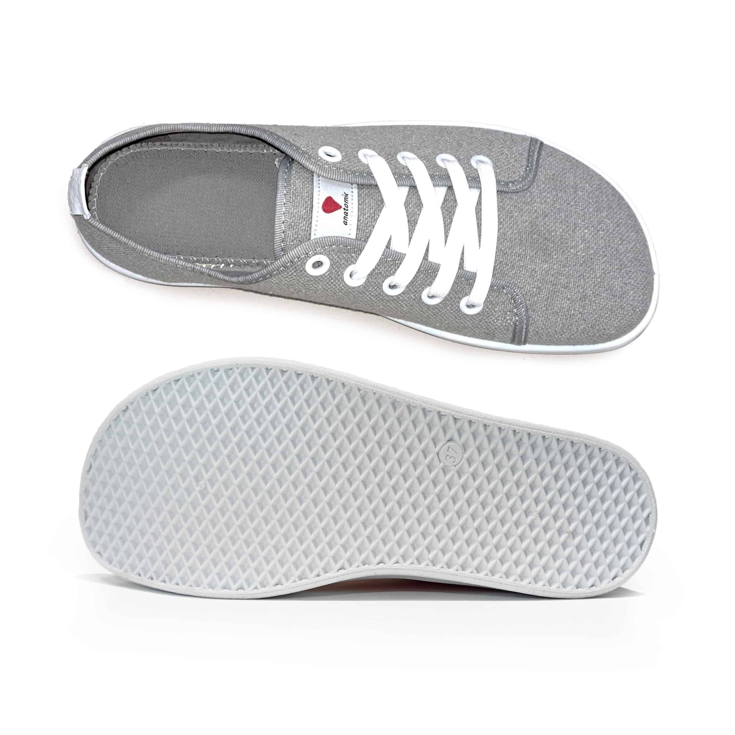 Anatomic Starter Eco AE05 grey barefoot sneakers showing wide foot-shaped toe box and white sole