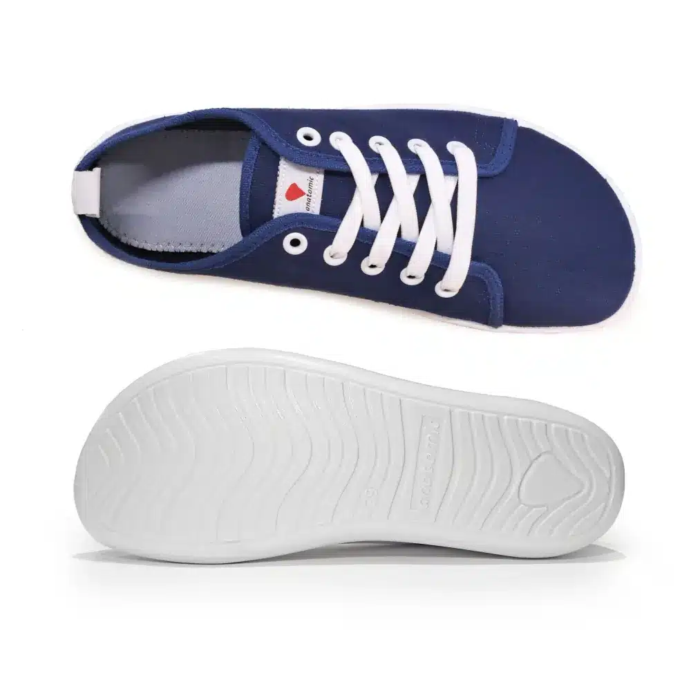 Anatomic Natural Canvas 1N07 navy barefoot sneakers showing wide foot-shaped toe box and white sole